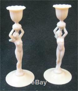 Antique pair Cambridge GLass Statuesque 3011 Crown Tuscan Nude Candlestick Deco