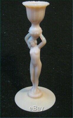 Antique pair Cambridge GLass Statuesque 3011 Crown Tuscan Nude Candlestick Deco