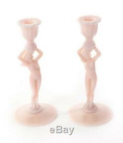 Antique pair Cambridge GLass Statuesque 3011 Crown Tuscan Nude Candlestick Deco