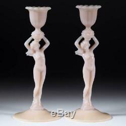 Antique pair Cambridge GLass Statuesque 3011 Crown Tuscan Nude Candlestick Deco