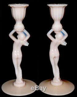 Antique pair Cambridge GLass Statuesque 3011 Crown Tuscan Nude Candlestick Deco