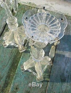 Antique pair couple glass Candlestick Holders Cut Prisms eagles