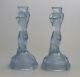 Art Deco Glass Pair Walther & Sohne Blue Mermaid Nymphen Candlesticks C. 1930's