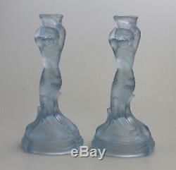 Art Deco Glass Pair Walther & Sohne blue Mermaid Nymphen Candlesticks C. 1930's