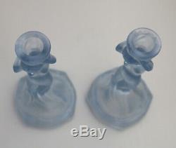 Art Deco Glass Pair Walther & Sohne blue Mermaid Nymphen Candlesticks C. 1930's