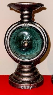 Art Deco Metal & Glass Candle Holders Silver Green Antique Finish Round