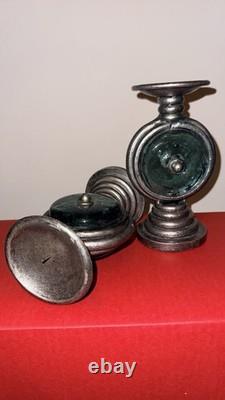 Art Deco Metal & Glass Candle Holders Silver Green Antique Finish Round