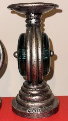 Art Deco Metal & Glass Candle Holders Silver Green Antique Finish Round