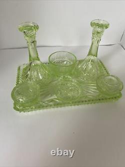 Art Deco Uranium Glass Dressing Table Set Candle Holders Tray Trinket Dish Pots