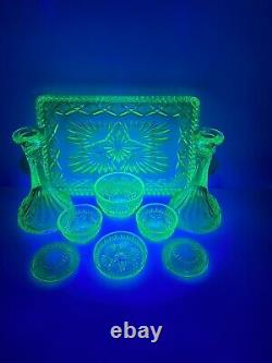 Art Deco Uranium Glass Dressing Table Set Candle Holders Tray Trinket Dish Pots