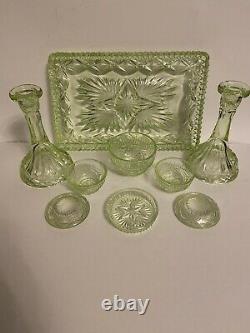 Art Deco Uranium Glass Dressing Table Set Candle Holders Tray Trinket Dish Pots