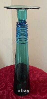 Art Glass Blown Glass Green Candle Holder 13 Blue Spiral Applied Tapered
