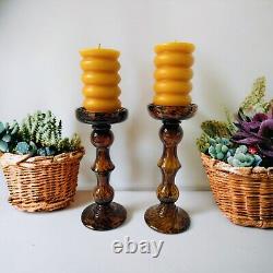 Art Glass Leopard Cheetah Tortoise Shell Amber 2 Way Pedestal Candle Holders 10