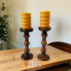 Art Glass Leopard Cheetah Tortoise Shell Amber 2 Way Pedestal Candle Holders 10