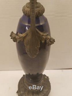 Art Nouveau Antique Metal Glass Candle Holder Vase Large urn Blue griffin