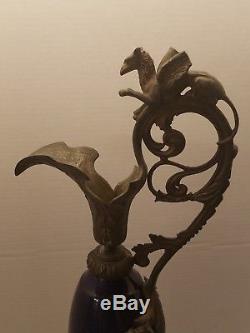 Art Nouveau Antique Metal Glass Candle Holder Vase Large urn Blue griffin