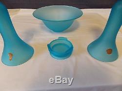 BEAUTIFUL VINTAGE U. S. GLASS CO STAIN BLUE BOWL, PEDESTAL With PAIR CANDLEHOLDERS