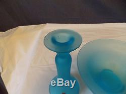 BEAUTIFUL VINTAGE U. S. GLASS CO STAIN BLUE BOWL, PEDESTAL With PAIR CANDLEHOLDERS
