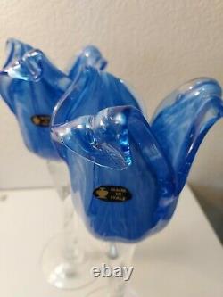 BLUE Tulip Crystal Murano Glass Table Candle HOLders, set of 2, ITALY, H=14,5