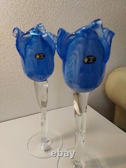 BLUE Tulip Crystal Murano Glass Table Candle HOLders, set of 2, ITALY, H=14,5