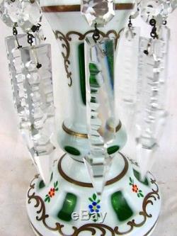 BOHEMIAN MANTLE LUSTERS WHITE CUT TO GREEN HAND PAINTED FLOWERS c. 1930