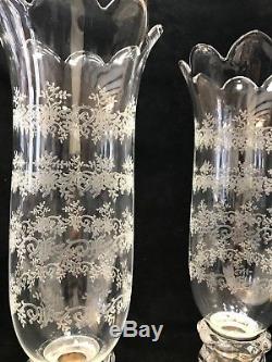 Baccarat Crystal Bambous Candle Holders With Etched Scallop Hurricane Shades