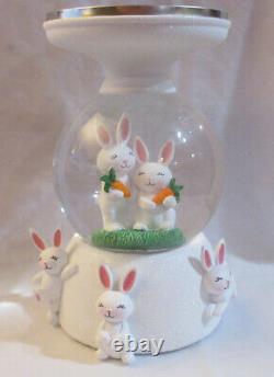 Bath & Body Works 3-Wick Candle Holder WATER GLOBE WHITE EASTER Bunny Pedestal