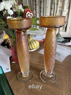 Battuto Amber Pillar Candle Holders, Mid Century Murano Venini Scarpa Set of 2