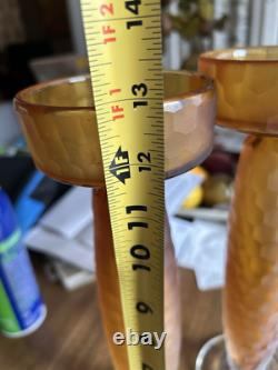 Battuto Amber Pillar Candle Holders, Mid Century Murano Venini Scarpa Set of 2