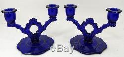 Beaumont Cobalt Blue Glass 3pc Console Set Sterling Overlay Double Candle Holder