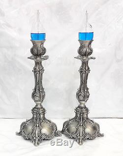 Big Candlesticks pair Pewter Candle holder Shabbat israel+gift handblown glass