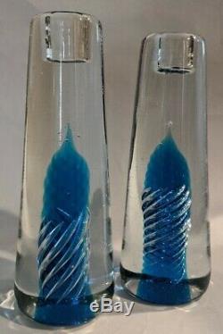 Blenko Air Twist Candle Sticks Pair Royal Blue Joel Myers 1968