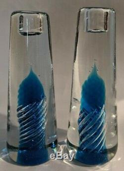 Blenko Air Twist Candle Sticks Pair Royal Blue Joel Myers 1968