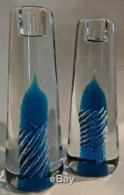 Blenko Air Twist Candle Sticks Pair Royal Blue Joel Myers 1968