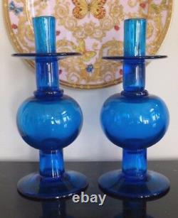 Blenko Glass Pair of Vintage Retro Cobalt Blue Candlesticks 10 High