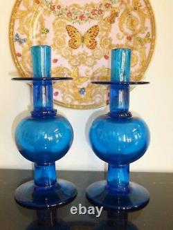 Blenko Glass Pair of Vintage Retro Cobalt Blue Candlesticks 10 High