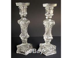 Blown Three Mold Early American French Lacy Flint Glass Candle Holders