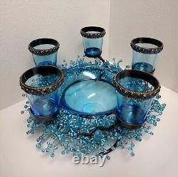 Blue Glass Beaded Iron Candle Holder Centerpiece 5 Glass Cups