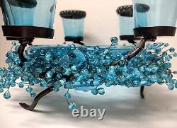 Blue Glass Beaded Iron Candle Holder Centerpiece 5 Glass Cups