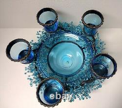 Blue Glass Beaded Iron Candle Holder Centerpiece 5 Glass Cups