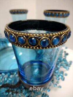 Blue Glass Beaded Iron Candle Holder Centerpiece 5 Glass Cups