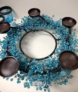 Blue Glass Beaded Iron Candle Holder Centerpiece 5 Glass Cups