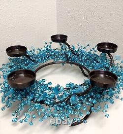 Blue Glass Beaded Iron Candle Holder Centerpiece 5 Glass Cups