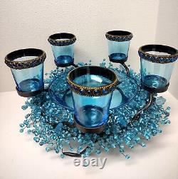 Blue Glass Beaded Iron Candle Holder Centerpiece 5 Glass Cups