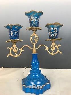 Blue Opaline Glass Candelabra Candle Holder Stick Stand Gilt Opalene Boston