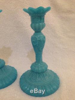Blue Opaline Portieux Vallerysthal Chimeres pair 7¾ inch candlesticks VGC