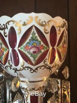 Bohemian/Czech Candle Luster White Cased Glass to Cranberry with Crystal Prisms