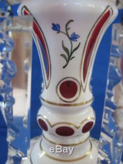 Bohemian/Czech Candle Luster White Cased Glass to Cranberry with Crystal Prisms