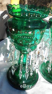 Bohemian Czech Mantel Lusters Green Prisms Enamel Holder Candle 2 Large Antique