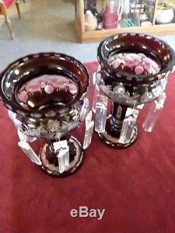 Bohemian Lusters ruby red cut to clear glass pair candle holders or vases